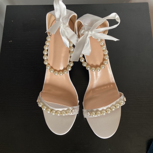 Temu Shoes - Women white 4” platform open toe pearls, tie ankle satin more pearls SZ 10 EU 41